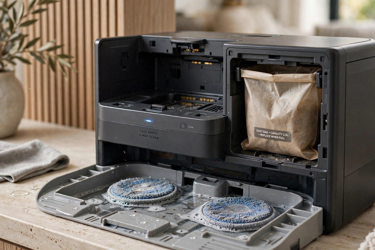 Close-up of a robot vacuum docking station with self-emptying dust bag and mop washing tray