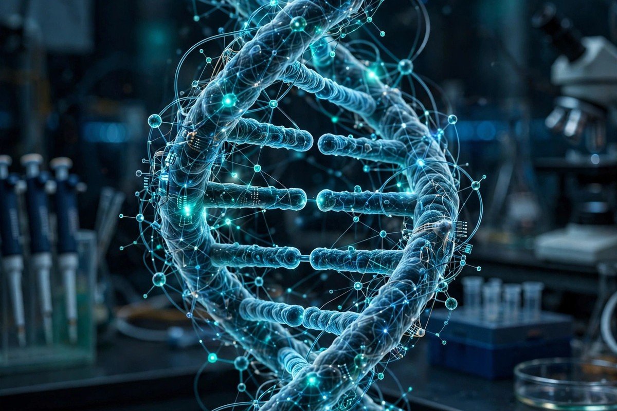 Glowing DNA helix entwined with a neural network, representing AI genomics in healthcare