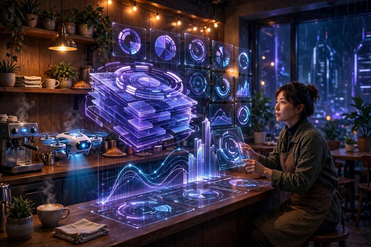 Cafe owner reviewing holographic receipts and charts organized by an AI assistant