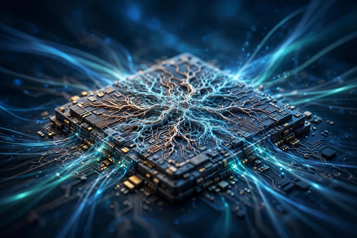 AI neural processing chip with glowing circuit traces