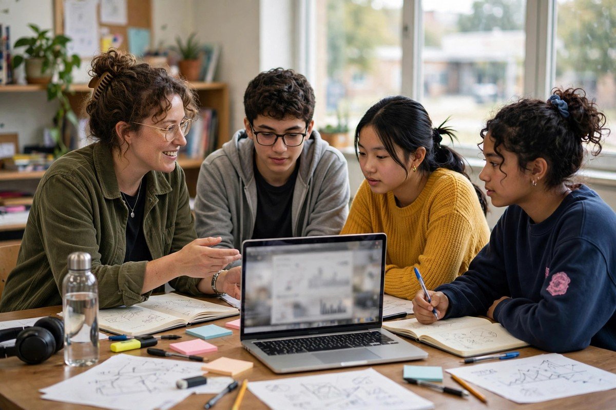 Teacher and small group of students discussing around a table with a laptop in a classroom
