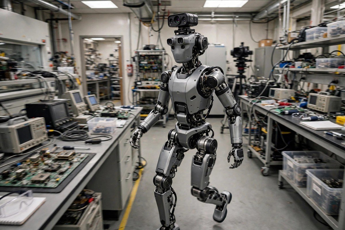 Research humanoid robot walking in a laboratory with a depth camera sensor visible