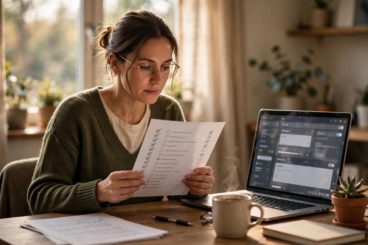 Editor reviewing AI assisted content with a reliability checklist before publishing