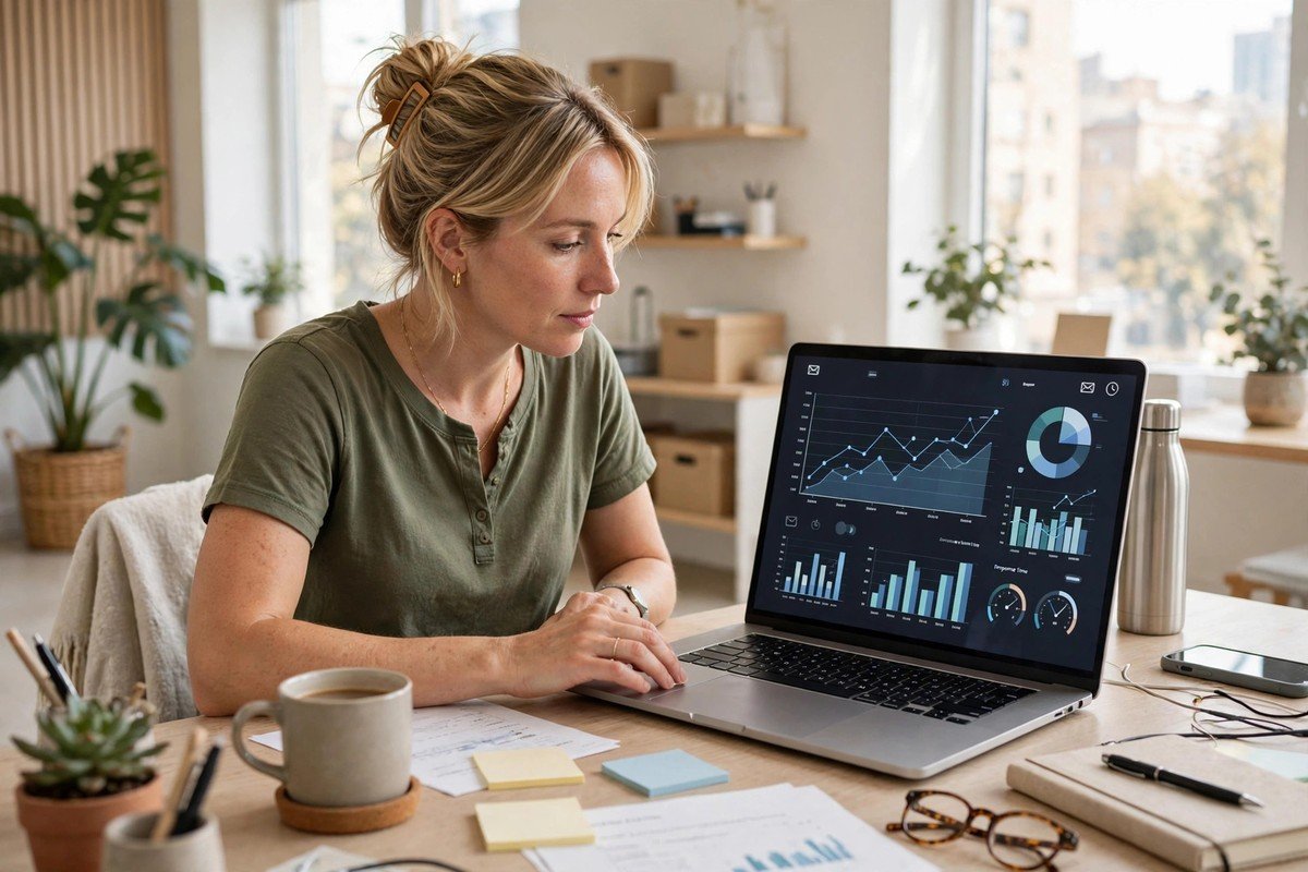 Owner checking email automation results and response times on a dashboard
