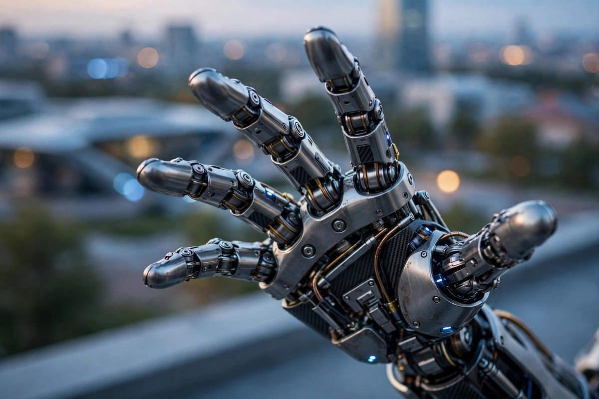 Close-up of an articulated humanoid robot hand reaching toward the viewer