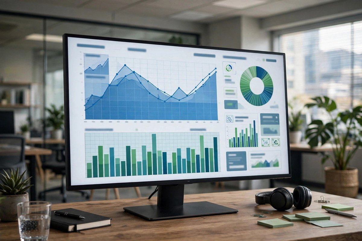 Analytics dashboard on a monitor showing lead response time graphs and appointment booking charts