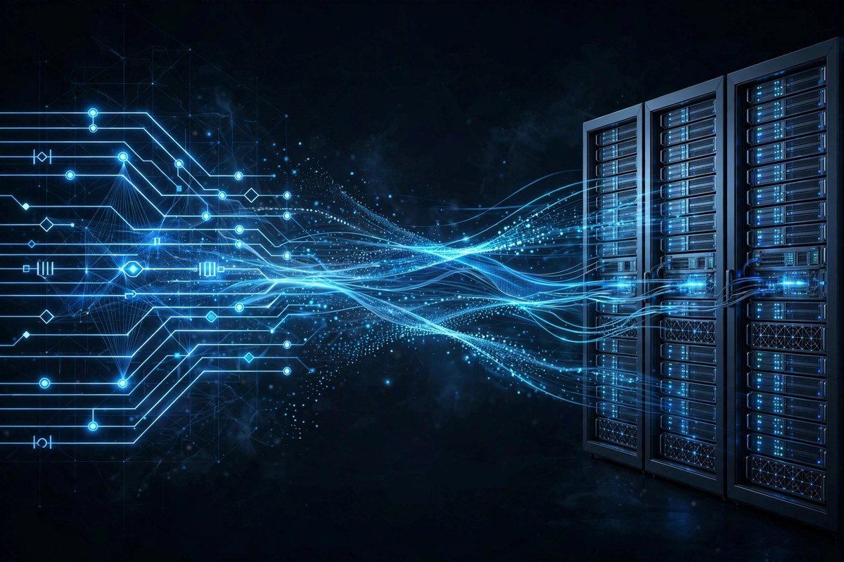 Abstract hybrid quantum-classical workflow diagram with glowing quantum circuits flowing into classical servers