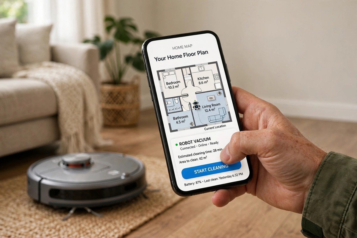 Hand starting a robot vacuum from a smartphone app showing a mapped floor plan