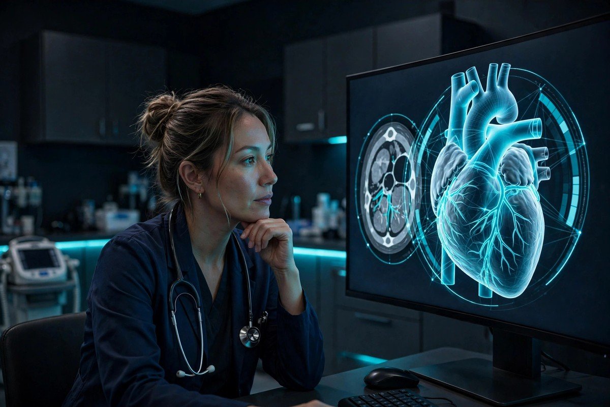 Cardiologist reviewing an AI-assisted heart CT scan on a monitor