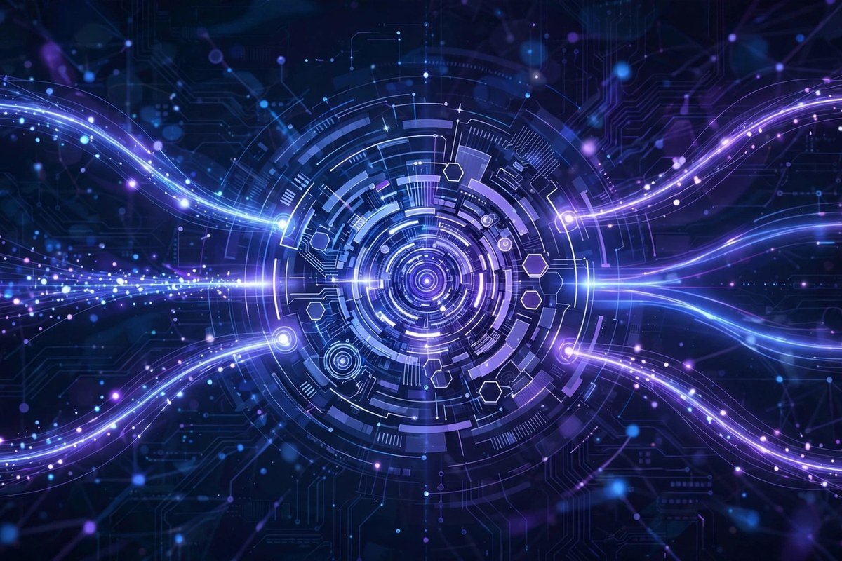Workflow automation concept with connected app icons flowing into a central hub, blue and purple digital art