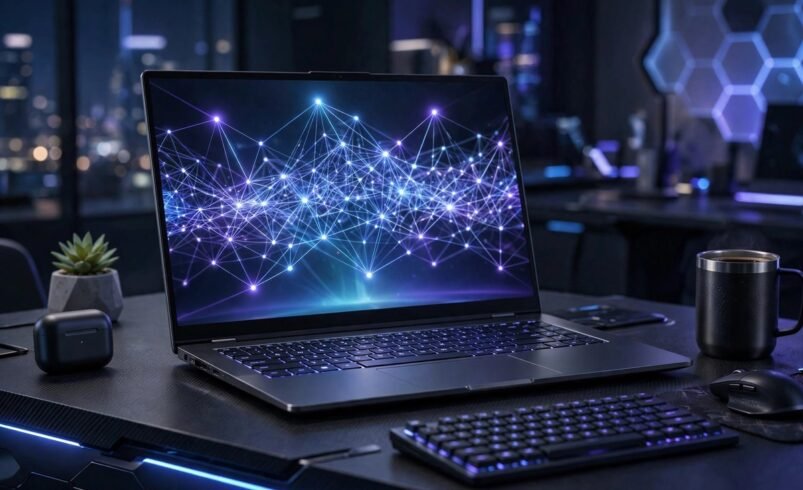 Modern AI laptop with glowing neural network graphics on screen on a futuristic desk