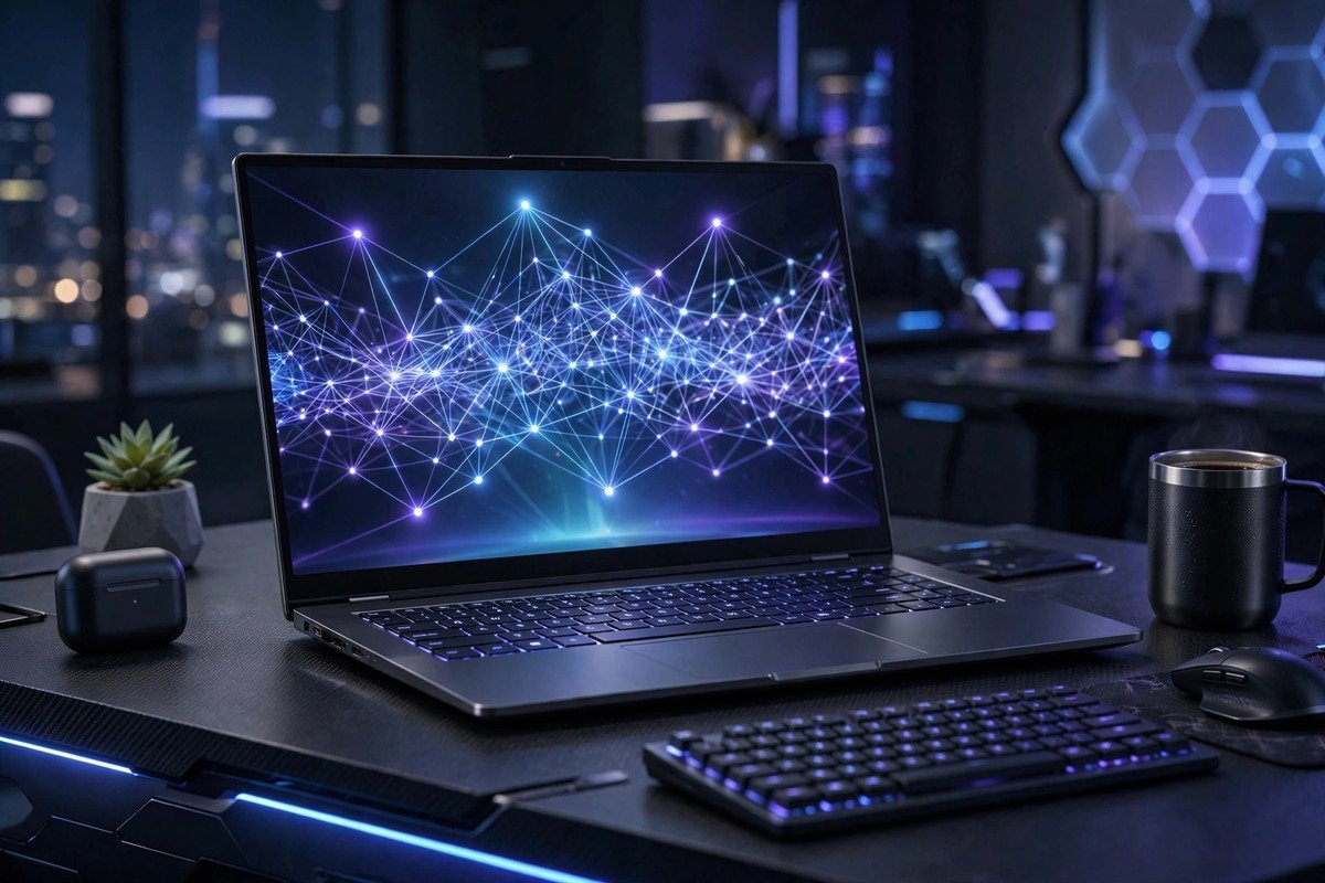 Modern AI laptop with glowing neural network graphics on screen on a futuristic desk