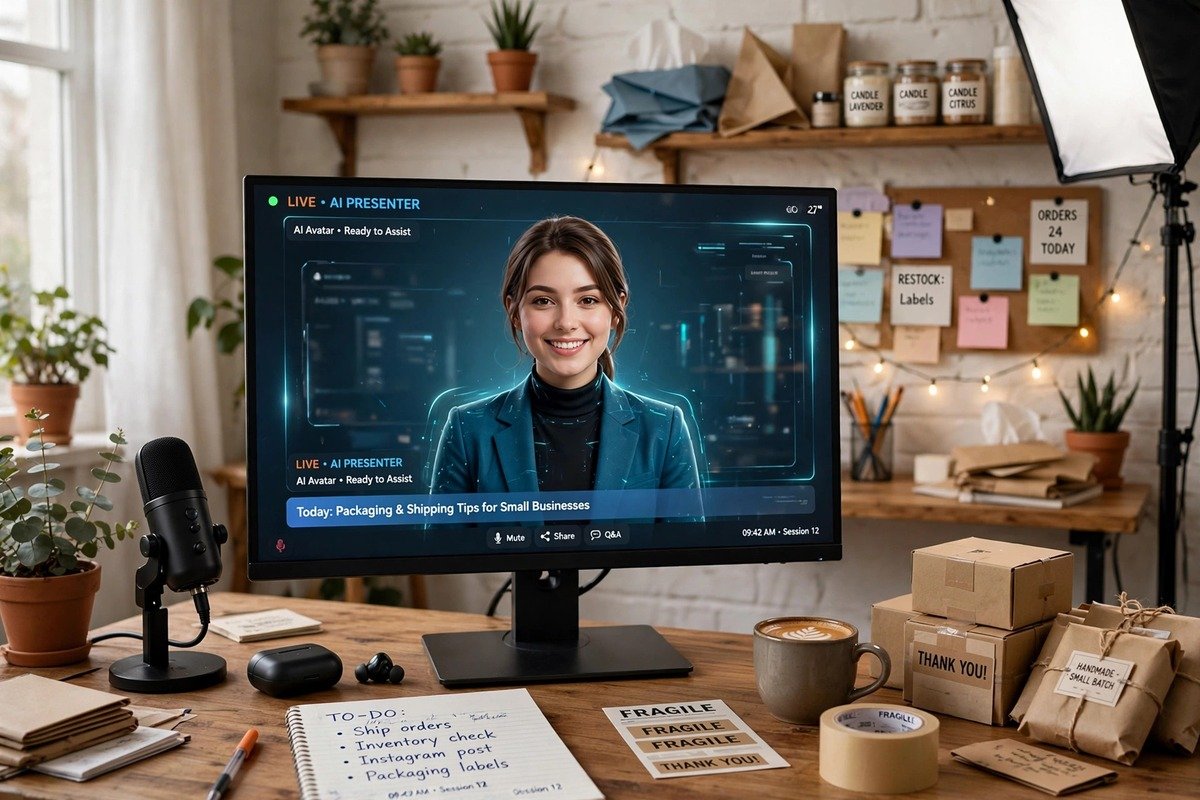 AI avatar presenter on a screen in a small business studio setup