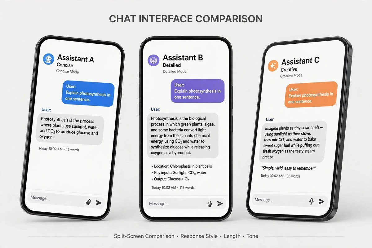Three smartphone screens with AI chat interfaces side by side
