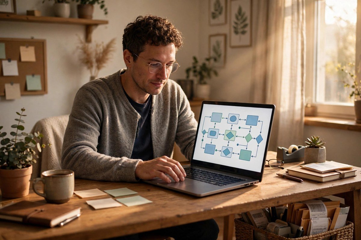 Small business owner automating tasks on a laptop in a home office