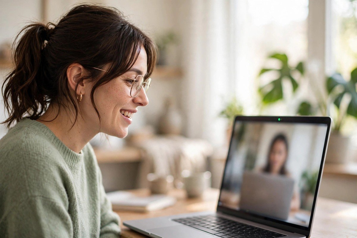 Person on a video call using an AI PC with background blur in a home office