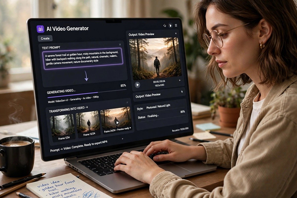 Creator typing a text prompt that transforms into video on a screen, AI video generation concept