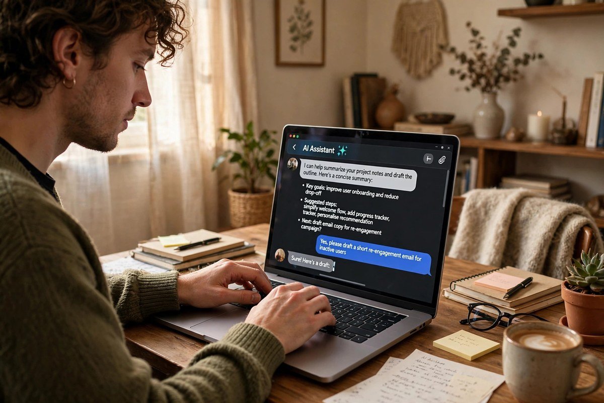 Person typing on a laptop with an AI chat window in a home office