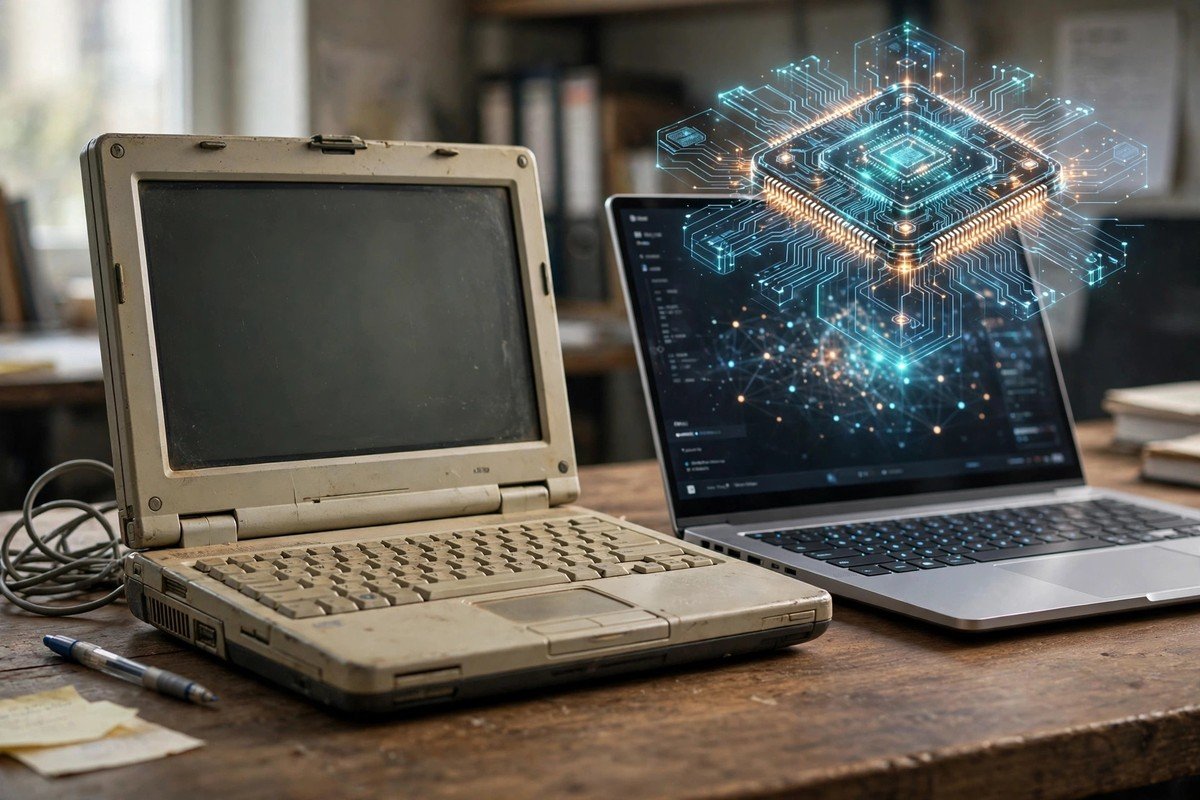Old laptop beside a new AI PC with an NPU chip illustration, split comparison