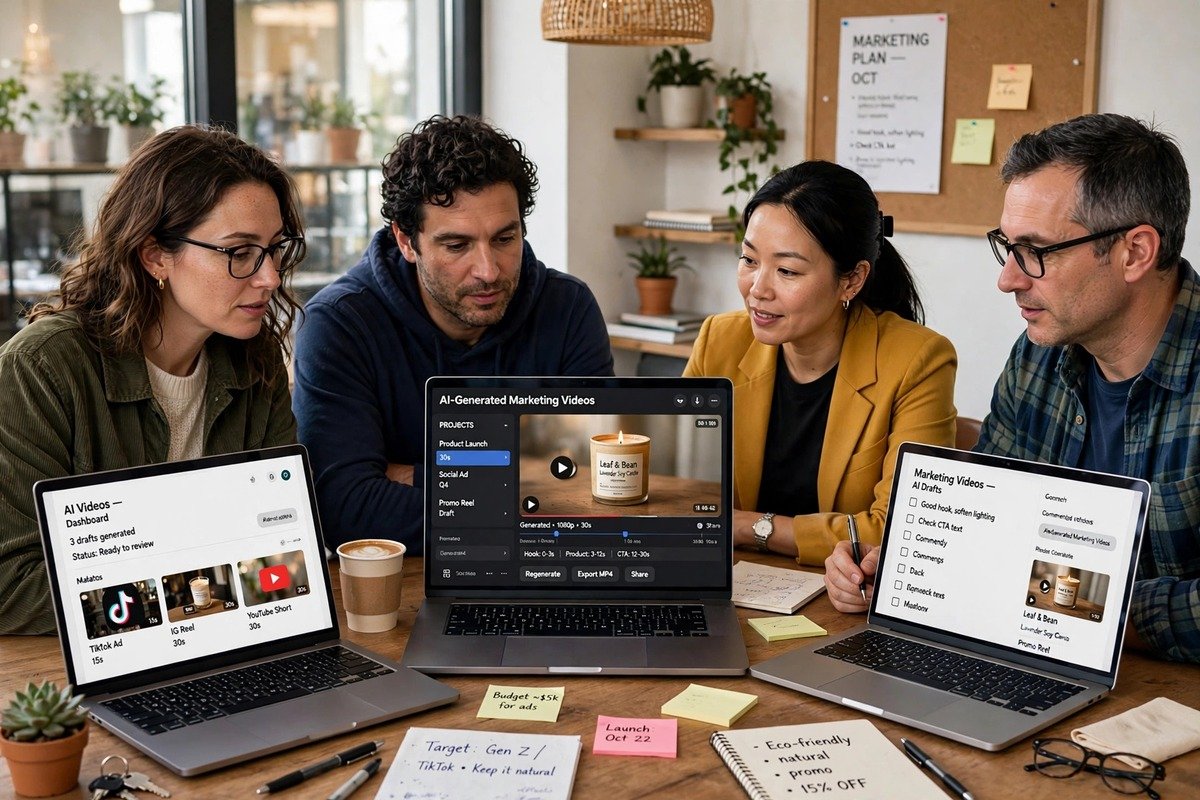 Small business team reviewing AI-generated marketing videos on laptops around a table